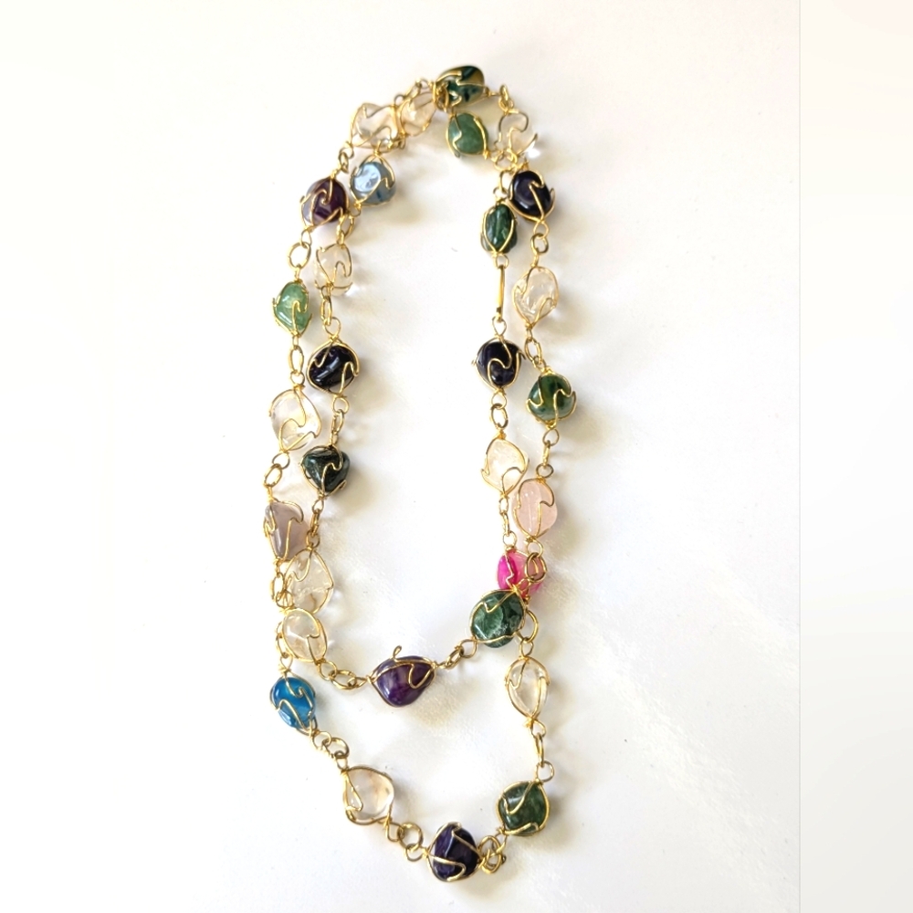 Necklace Wire Wrapped Real Polished Stones Vintage Multicolor Gold Tone Setting